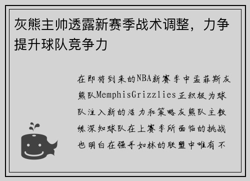 灰熊主帅透露新赛季战术调整，力争提升球队竞争力