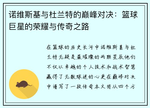 诺维斯基与杜兰特的巅峰对决：篮球巨星的荣耀与传奇之路