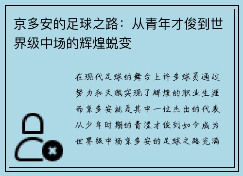 京多安的足球之路：从青年才俊到世界级中场的辉煌蜕变