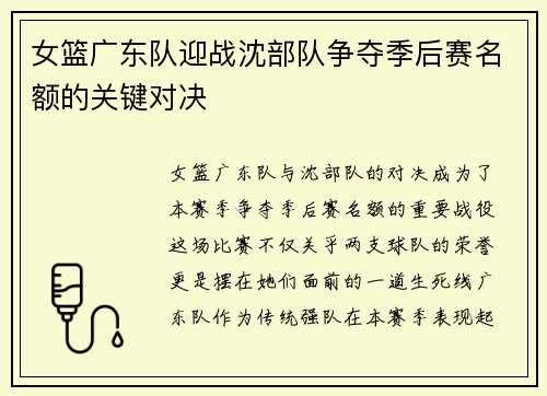 女篮广东队迎战沈部队争夺季后赛名额的关键对决