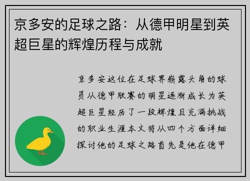 京多安的足球之路：从德甲明星到英超巨星的辉煌历程与成就
