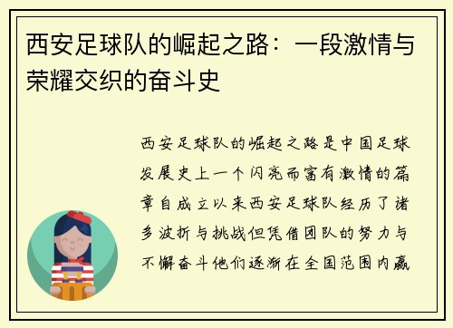 西安足球队的崛起之路：一段激情与荣耀交织的奋斗史