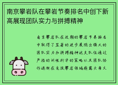 南京攀岩队在攀岩节奏排名中创下新高展现团队实力与拼搏精神