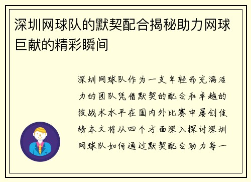 深圳网球队的默契配合揭秘助力网球巨献的精彩瞬间